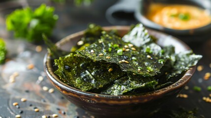 Crispy seaweed chips with dip, food photography, 16:9