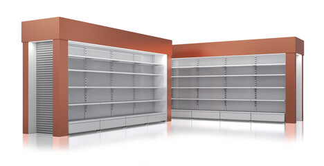 Retail gondola shelving with brown toppers and stoppers. 3d illustration set on white background