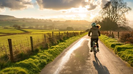 Obraz premium A person rides a bicycle on a scenic countryside road, feeling joyful and enjoying the peaceful beauty.