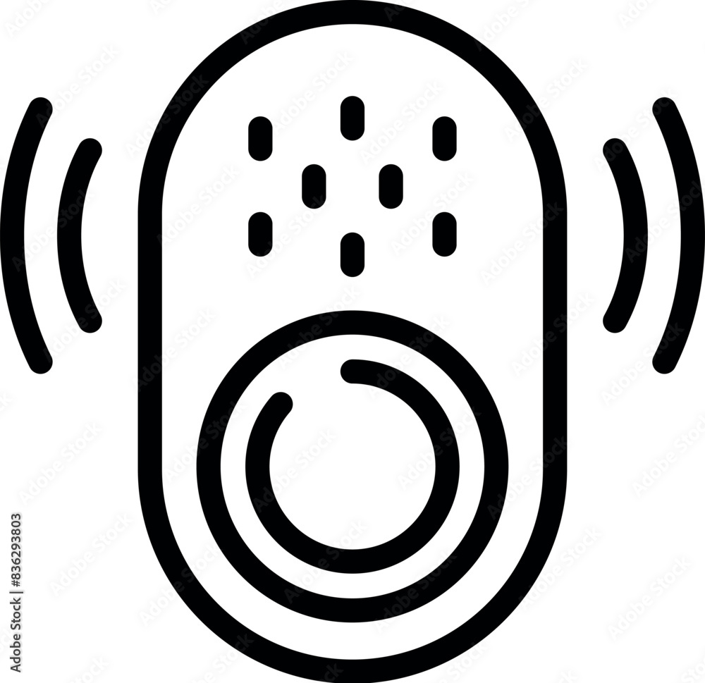 Poster vector illustration of a minimalist fingerprint scanning icon with signal waves on a white backgroun
