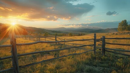 Fototapeta premium Picturesque landscape, fenced ranch at sunrise