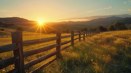 Obraz premium Picturesque landscape, fenced ranch at sunrise