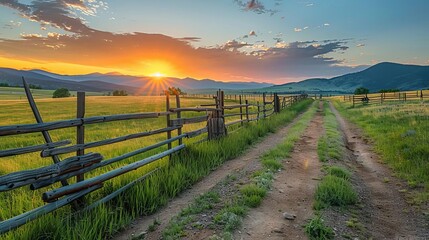 Picturesque landscape, fenced ranch at sunrise