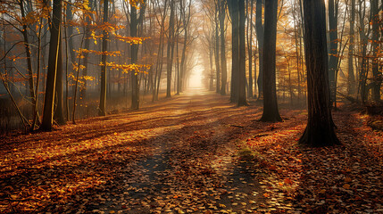 Obraz premium Enchanting Autumn Forest with Sunbeams Pathway Landspace