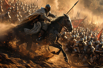 A knight on horseback charging through a dense line of enemy soldiers, his lance aimed straight ahead.