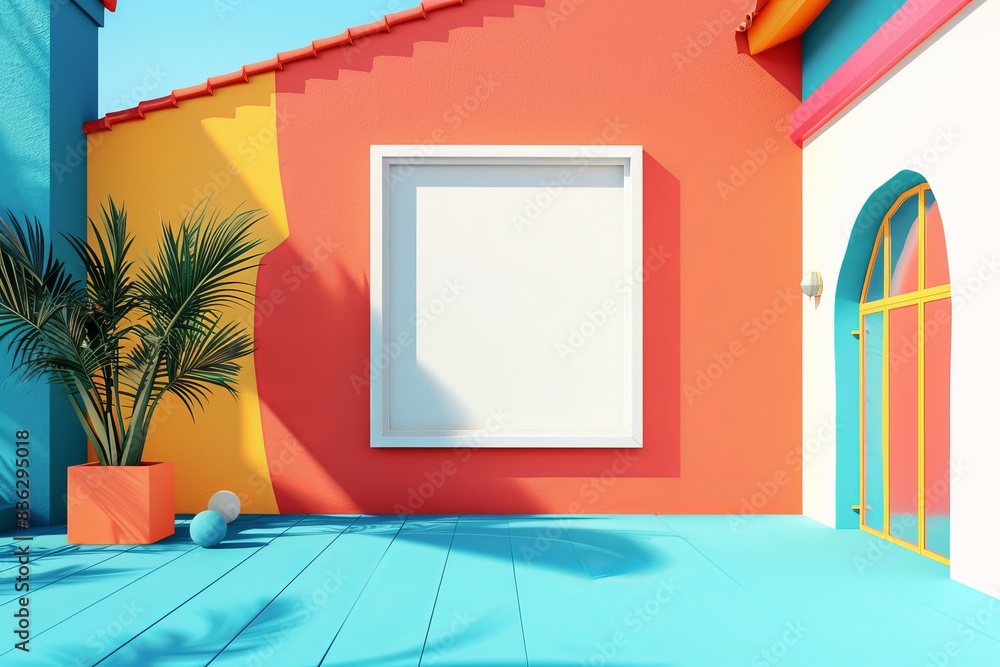Poster a window with a white frame sits in front of a building