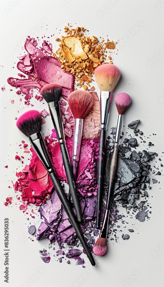 Aufkleber a group of makeup brushes covered in various shades of eyeshadow and blush on a white background. ge
