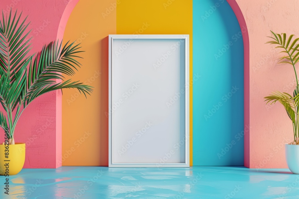 Poster a window with a white frame sits in front of a building