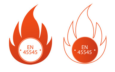 EN 45545 labels. Sticker with transparent background. Flame logo. Orange colour. Badge fire protection for railway vehicles. label illustration. Compliance badge. Stock vector