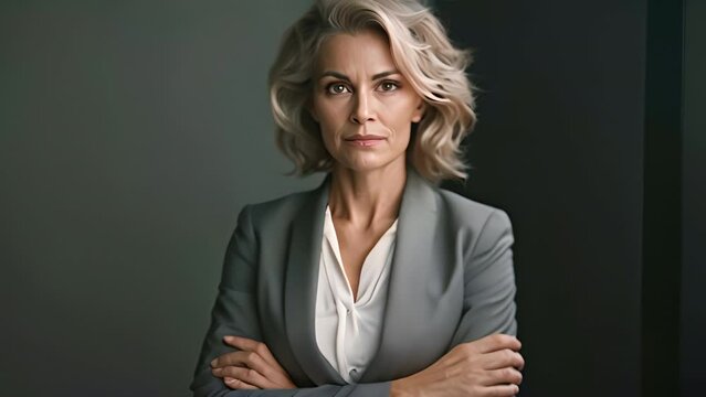 middle-aged businesswoman with a subtle smirk,