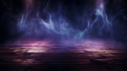 Obraz premium Background of empty dark scene with wooden old floor. Neon light smoke. Dark abstract background. Night wooden table. 