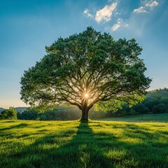 The sun shining through a tree on a green meadow, a panoramic vibrant rural landscape with clear blue sky before sunset