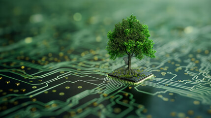 Trees grow with innovative microcircuit boards green computer Green technology. 3D illustration of a computer chip over a code background with leaves and binary code.
