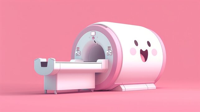 Friendly cartoon MRI scanner with smiling face for kids	