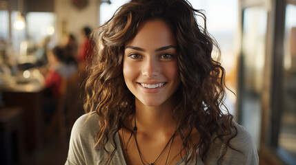 Smiling Woman with Curly Hair in Modern Office
