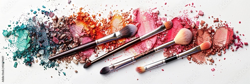 Poster closeup of makeup brushes with crumbled eyeshadow and blush on a white background. generative ai