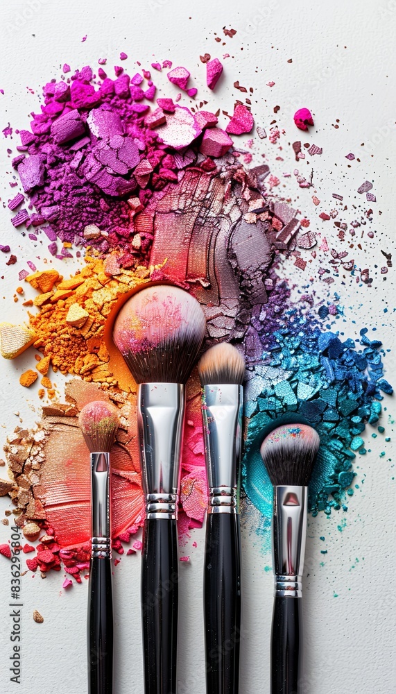 Poster close-up of colorful makeup brushes surrounded by vibrant eyeshadow and blush on a white background.
