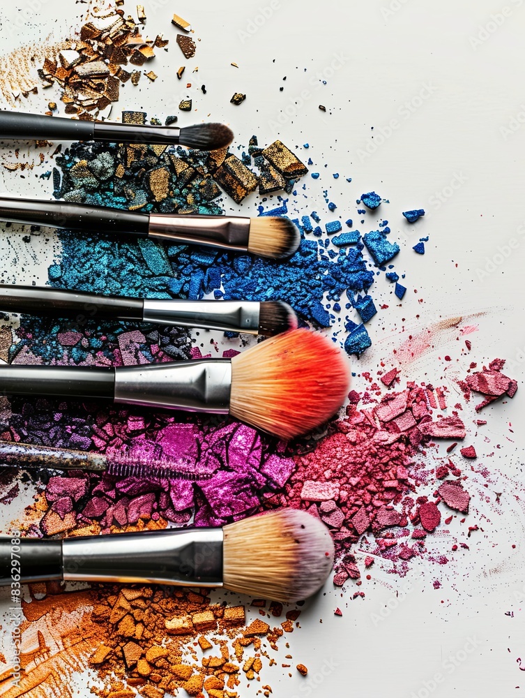 Aufkleber close-up of makeup brushes covered in various shades of eyeshadow and blush against a white backgrou