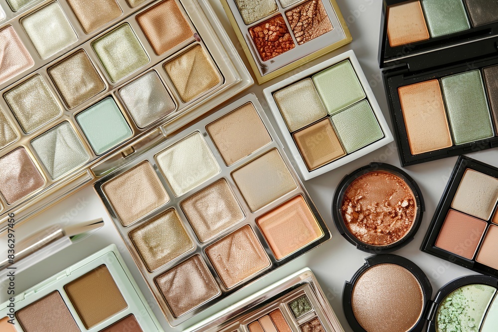 Poster a variety of contouring and highlighter palettes displayed on a white background, featuring various 