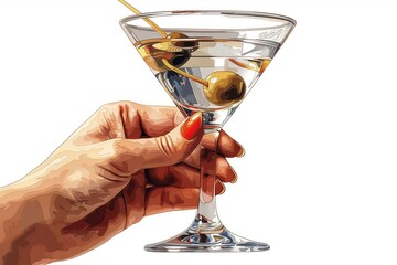 Woman's raised hand holding transparent glass filled with martini cocktail with olive inside closeup isolated on white background closeup. Watercolor illustration in painting style.
