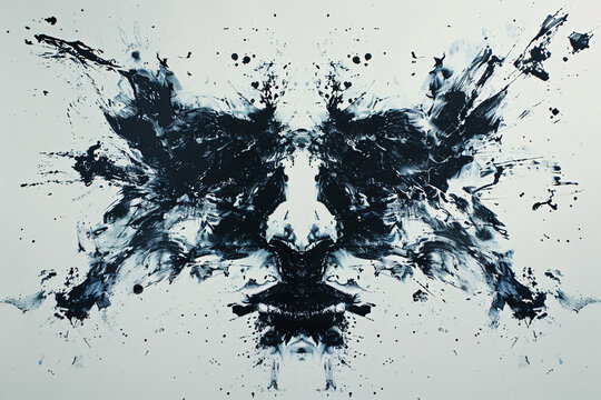 An inkblot test with black ink on white paper in the shape of a human face