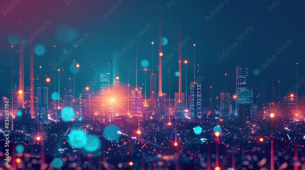 Poster smart city and abstract dot point connect with gradient line and aesthetic intricate wave line desig