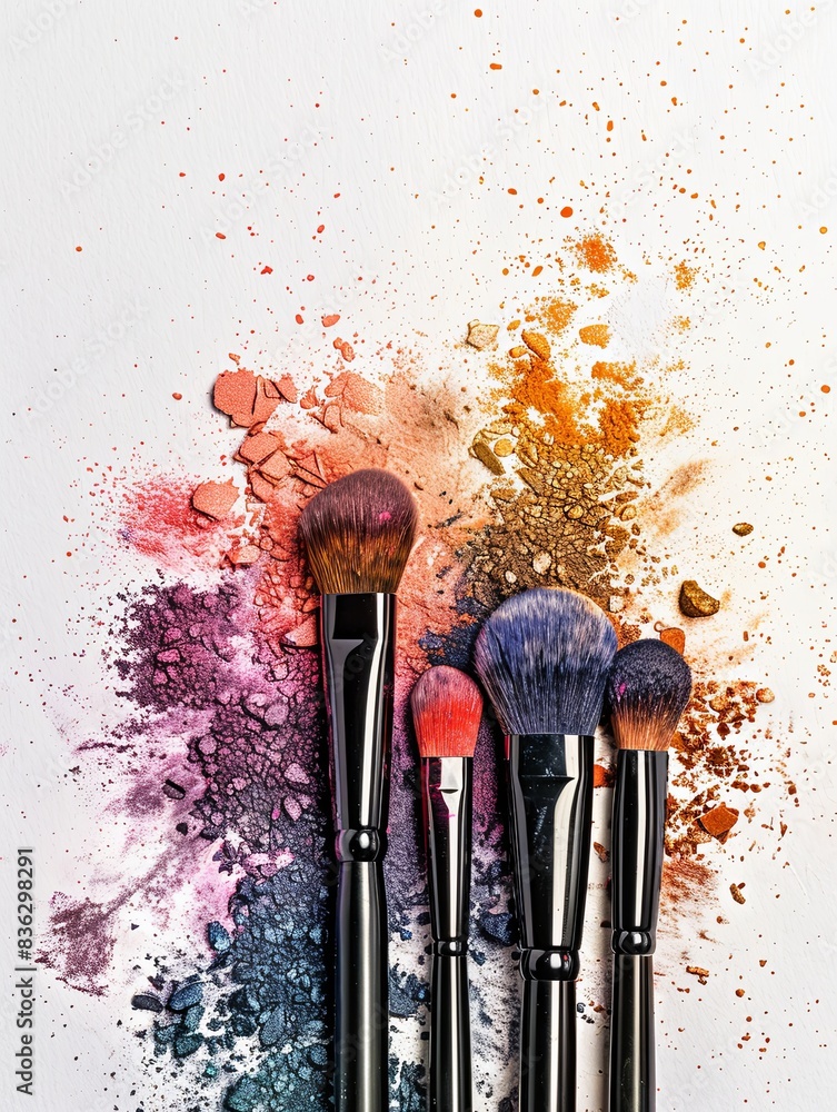 Poster five makeup brushes arranged vertically with spilled eyeshadow and blush on a white background. gene