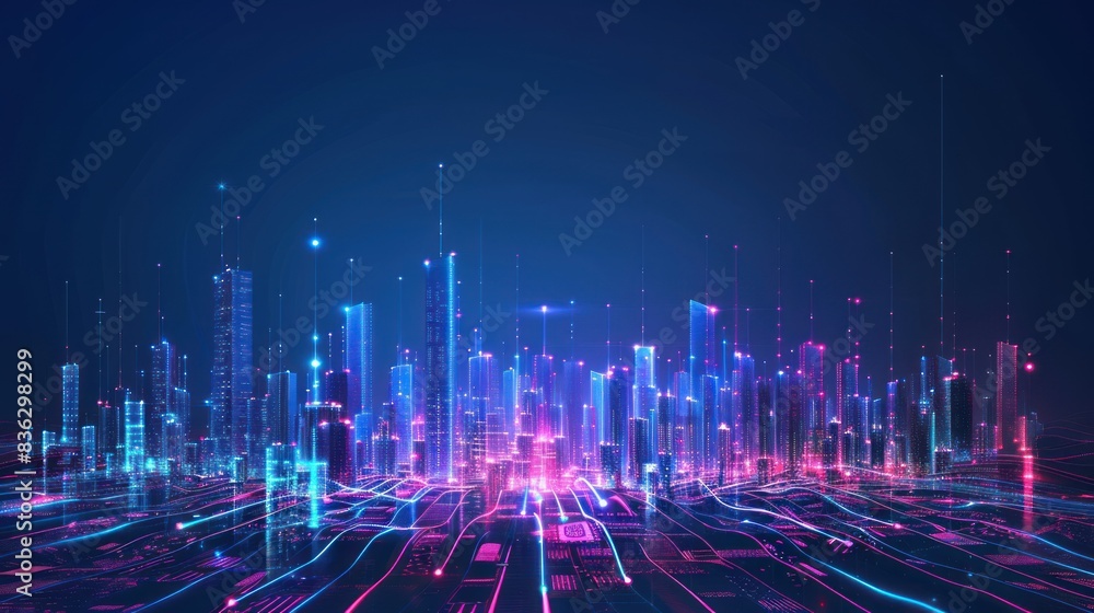 Poster smart city and abstract dot point connect with gradient line and aesthetic intricate wave line desig