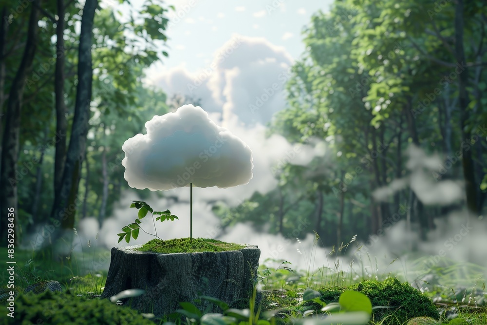 Poster a small cloud is hovering over a tree stump in a forest