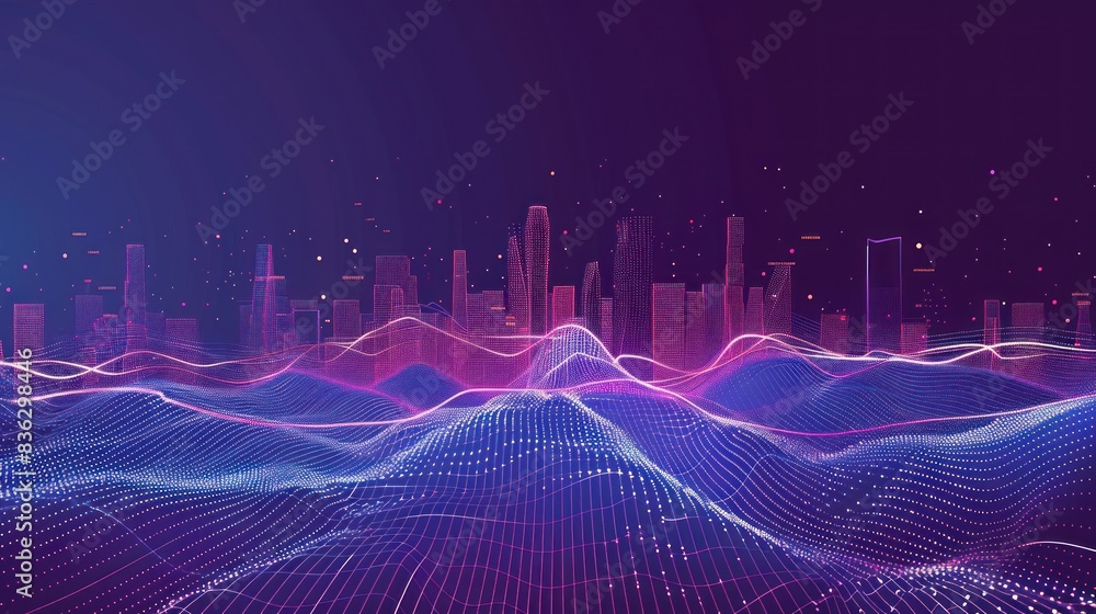 Poster smart city and abstract dot point connect with gradient line and aesthetic intricate wave line desig