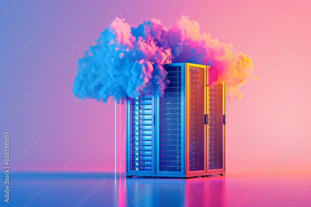 Poster a computer server is depicted as a cloud with a pink background