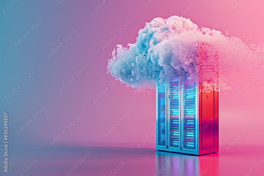 Poster a computer server is depicted as a cloud with a pink background