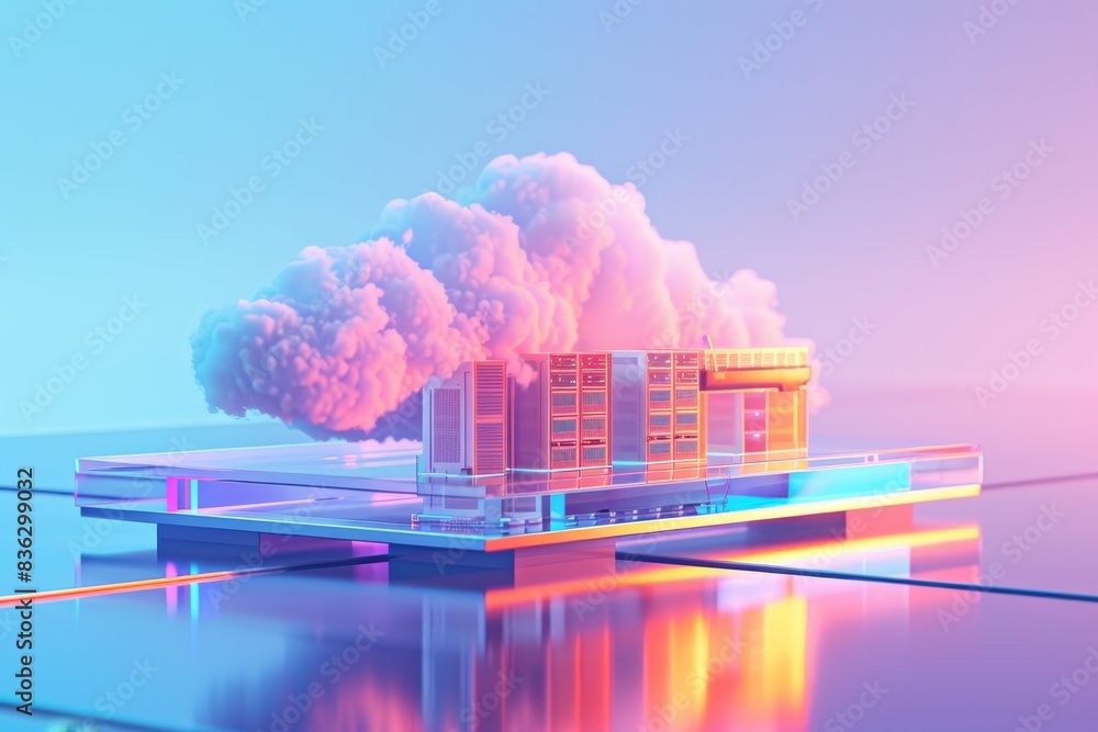 Poster a cloud is hovering over a cityscape with buildings and a bridge