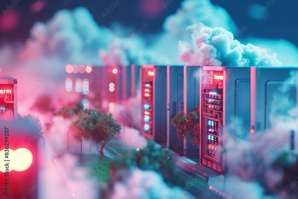Poster a computer server farm is shown in a colorful, abstract style
