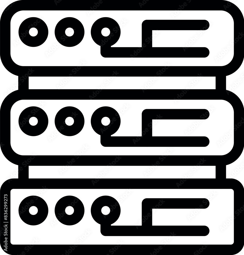 Poster black and white line art icon depicting multiple server racks for tech and networking concepts