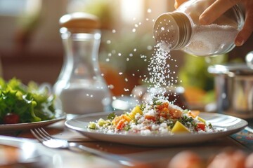 Salt shaker pouring salt over a meal, highlighting excessive use, bright kitchen background, and a focus on high sodium content