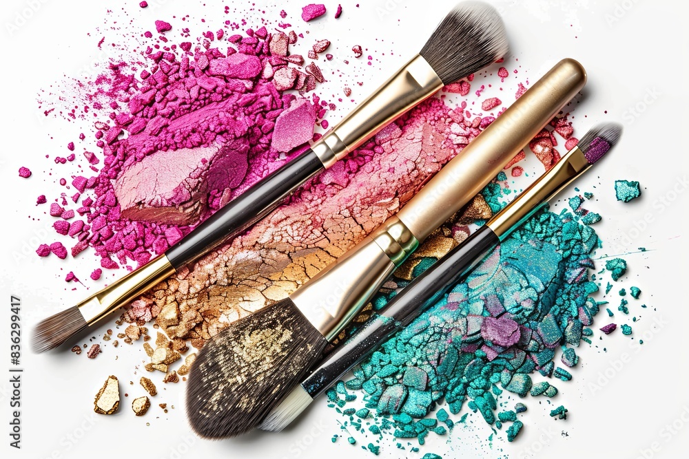 Aufkleber four makeup brushes on a white surface, covered in colorful eyeshadow and blush. generative ai