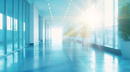 Light blue blurred background of a spacious office hallway, panoramic view for a serene setting