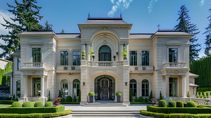 Obraz premium Large family home in a rural area ,Beautiful exterior of newly built luxury home ,Yard with green grass and walkway lead to ornately designed covered porch and front entrance