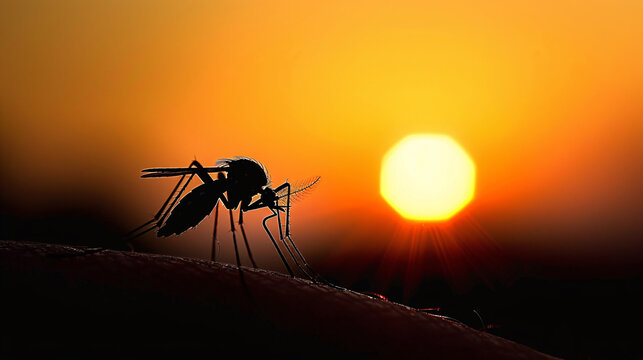 Silhouette of a mosquito close-up at sunset