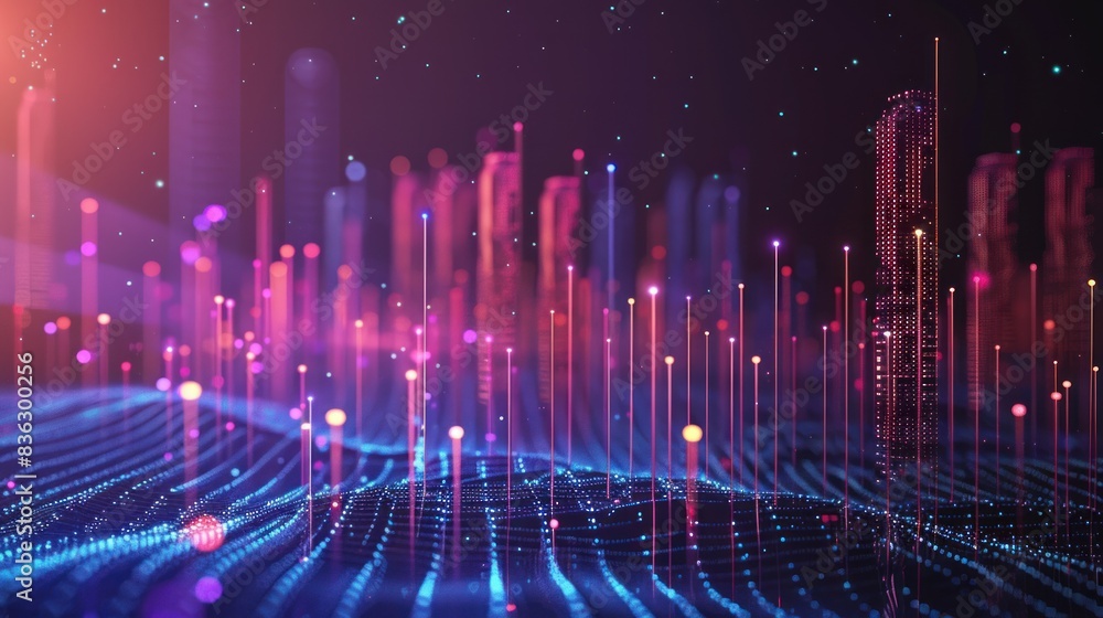 Poster smart city and abstract dot point connect with gradient line and aesthetic intricate wave line desig