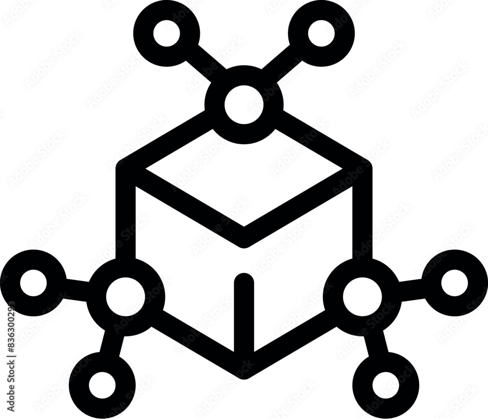 Poster vector icon of a 3d cube linked with network nodes, representing blockchain technology
