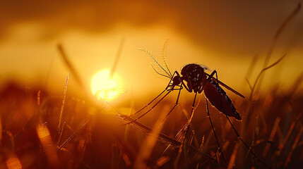 Silhouette of a mosquito close-up at sunset