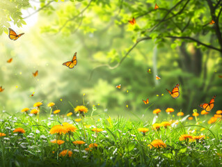 Beautiful Meadow with Yellow Flowers in Sunlit Forest - Enhanced for Scenic Nature Photography and Tranquil Outdoor Scenes