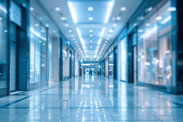 Panoramic image of a mall hallway in light blue tones, blurred for a spacious and airy atmosphere