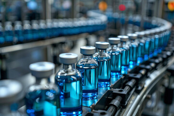 Obraz premium Vaccine production concept, small bottles of medicine or vaccines being produced in a factory