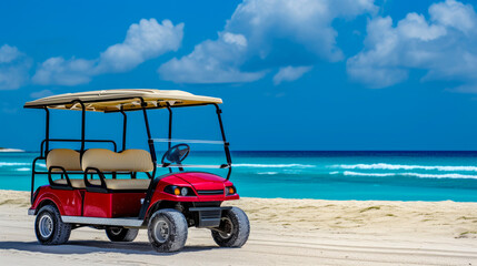 Tropical Tranquility: Red Golf Cart Enjoying Beach Bliss