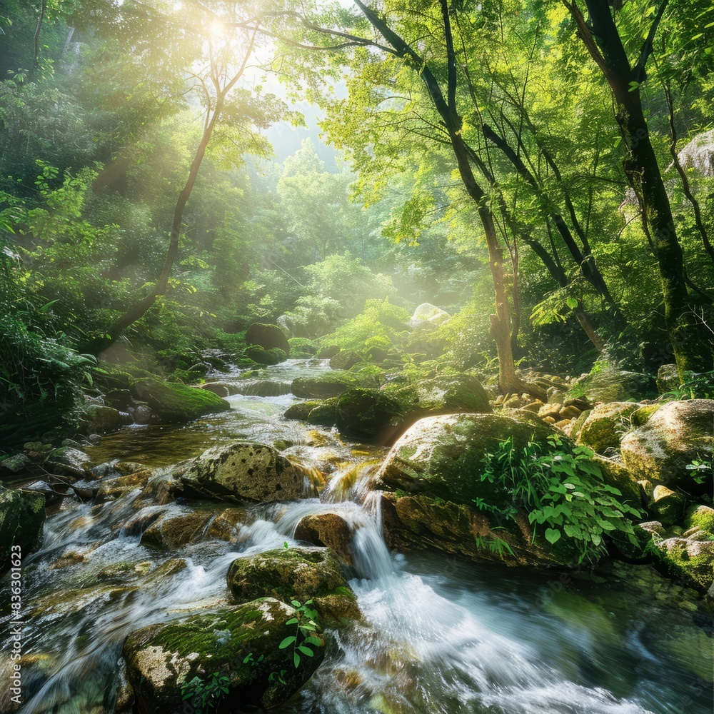 Poster A stream of water flows through a forest