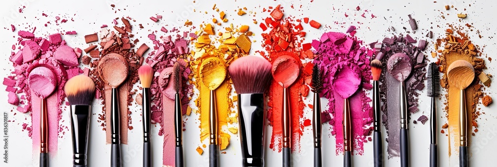 Aufkleber A close-up of various makeup brushes on a white background. The brushes are covered in vibrant colors of eyeshadow and blush, creating an artistic and colorful display. Generative AI
