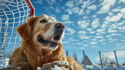 A golden retriever hockey goalie lies on the ice in front of the net, wearing goalie pads and a hockey stick in his mouth.